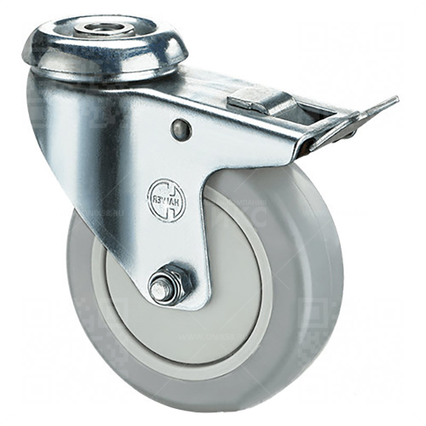 Колесная опора d100 крепление под болт с тормозом TPRb 42 серая резина полипр. обод, г\п 100 кг